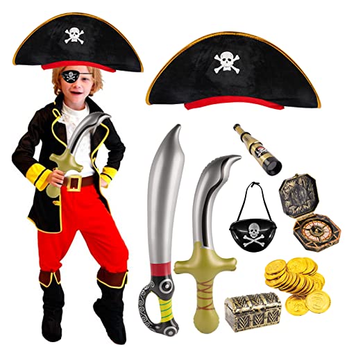 FLOFIA Piratenkostüm Kinder Zubehör 27Pcs Seeräuber Piraten Verkleidung Set Pirat Mitgebsel Piratenhut Augenklappe Teleskop Goldmünze für Karneval Fasching Kindergeburtstag Party von FLOFIA