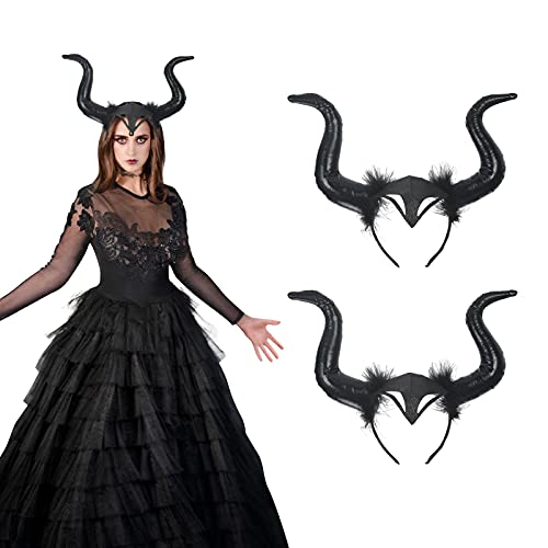 Halloween Königin Hörner Kopfbedeckung，Hörner Haarreif/Hut, Kopfbedeckung,Black Evil Queen Zubehör Set 2 Pcs Königin Hörner Halloween Böse Haarreif Schwarz Teufel Kopfschmuck Maleficent Cosplay von FLOTRUTE