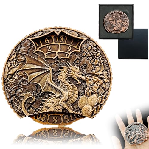 Chromatische Drachen Würfel Spinner, 7-in-1 Metall D&D Würfel Set mit Geschenkkassette für Dungeons and Dragons und RPG Tischspiele (Antikes Gold) von FLUEFOWL