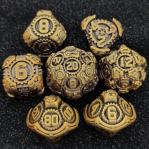 Geakeeper Construct D&D Würfel Set, 7-teiliges Metall Polyedrisches Drachen D&D Set mit Geschenkkassette für Dungeons and Dragons, RPG Rollenspiele und Tischspiele Geschenke (Altes Gold) von FLUEFOWL