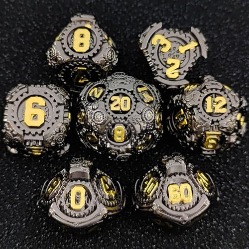 Geakeeper Construct D&D Würfel Set, 7-teiliges Metall Polyedrisches Drachen D&D Set mit Geschenkkassette für Dungeons and Dragons, RPG Rollenspiele und Tischspiele Geschenke (Schwarzgold) von FLUEFOWL