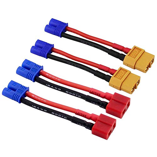 Adapter für EC2-Stecker auf XT60-Buchse, EC2-Stecker auf Deans T-Buchse Adapter mit 5 cm 16awg-Kabel für RC Lipo Battery Car (4er-Packung) von FLY RC