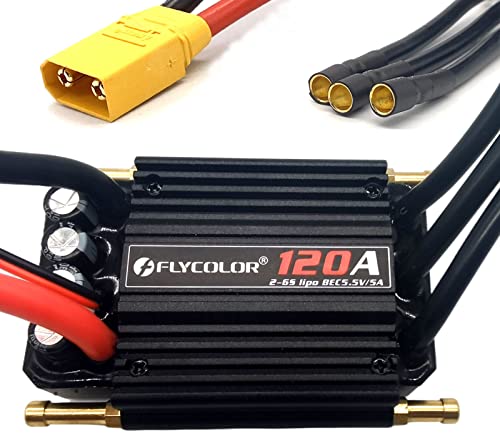 FLYCOLOR 120A Waterproof Brushless ESC Elektronischer Geschwindigkeitsregler mit 5.5V/5A BEC und XT90 4.0mm Bananenkopf Verbinder für Modellschiff RC Boot von FLYCOLOR