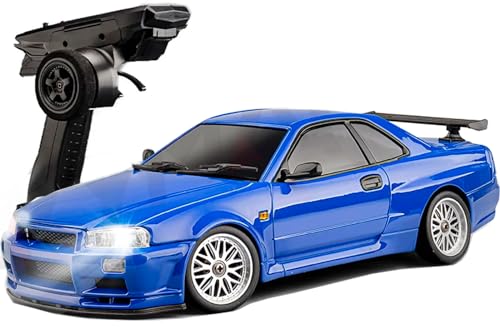 FLYCOLOR LD1899 1/18 RC Drift Car GTR R34 2.4GHz RWD mit Gyroskop on-Road Legierung Körper Shell Racing Cars Radio Control (Blau) von FLYCOLOR