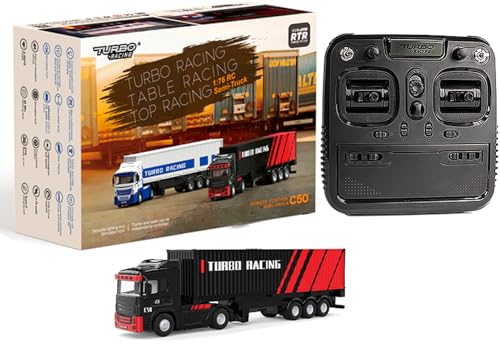 FLYCOLOR Turbo Racing 1:76 C50 RTR Traktor Fernbedienung LKW Vierradantrieb Simulierte Scheinwerfer 10CH Minicar Modell (schwarz-rot) von FLYCOLOR