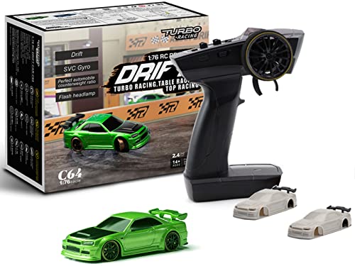 FLYCOLOR Turbo Racing 1:76 Scale Drift RC Car mit Gyro Mini Full Proportional RTR 2.4GHZ Fernsteuerung mit 2 austauschbaren Karosserieteilen (C64-Grün) von FLYCOLOR