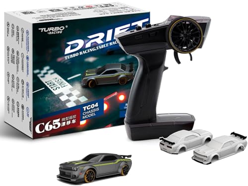 FLYCOLOR Turbo Racing 1:76 Skala Drift RC Auto mit Gyro Mini Full Proportional RTR 2.4GHZ Fernbedienung mit 2 austauschbarer Karosserieschale (C65-GRAU) von FLYCOLOR