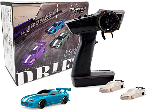 FLYCOLOR Turbo Racing C63 1:76 Skala Drift RC Auto mit Gyro Mini Full Proportional RTR 2.4GHZ Fernbedienung mit 2 austauschbarer Karosserieschale (Lake Blue) von FLYCOLOR