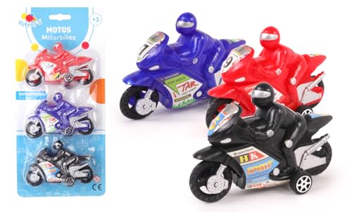 FLYPOP'S - 3 Motorräder – Mini-Fahrzeug – 022990 Kunststoff – Rückwärtsfahrzeug – Spielzeug für Kinder – Geschenk – Zubehör – 10 cm – ab 3 Jahren von FLYPOP'S