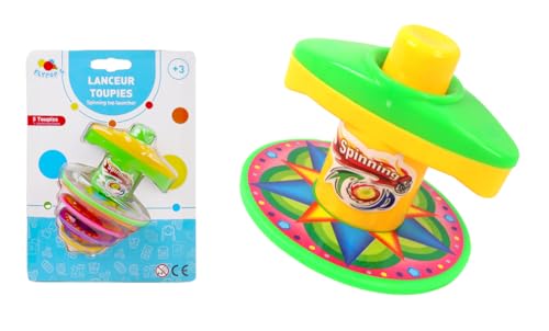 FLYPOP'S - 5 Kreisel mit Launcher – Spielspaß – 038906 – Mehrfarbig – Kunststoff – Rotation – Geschwindigkeit – Geschenk – verspielt – Geburtstag – Kinderspielzeug – ab 3 Jahren von FLYPOP'S