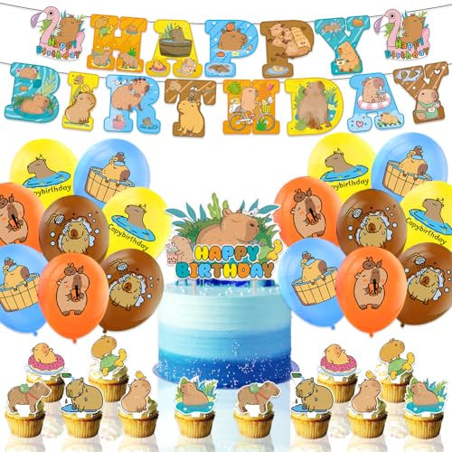 Capybara Dekoration,32pcs Capybara Geburtstags dekorationen,Cartoon Tier Geburtstagsdekoration,Capybara Happy Birthday Banner,Capybara Party-Zubehör für Jungen und Mädchen Kinderparty Dekoration von FLyifE