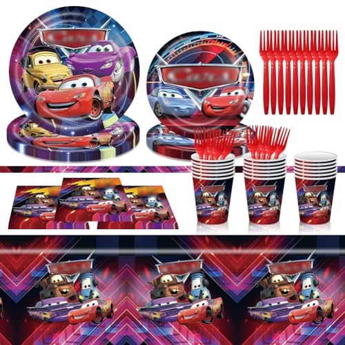 Rennwagen Party Geschirr, Rennauto Partygeschirr Set, 81pcs Racing Car Partyzubehör Einschließlich Teller, Tassen, Servietten, Tischdecke Für Jungen Mädchen Kindergeburtstag von FLyifE