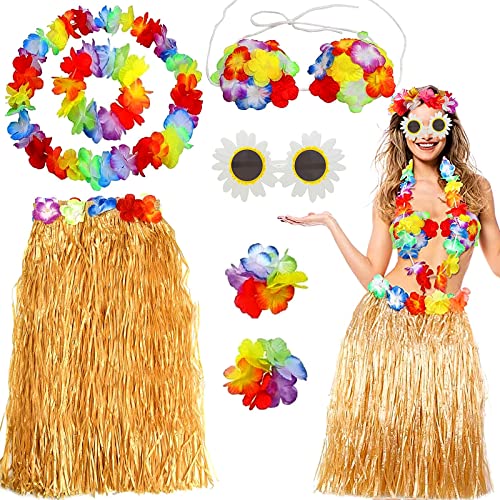 FMKLDENA 7 Stück Hawaiian Hula Set, Hawaii Party Kostüm Set mit Halskette Armbänder Stirnband Blume BH Haarblume und Sonnenbrille, Sommer Hawaii Strand Tropische Fasching Party Kostüm von FMKLDENA