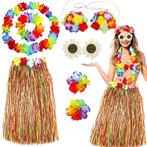 FMKLDENA 7 Stück Hawaiian Hula Set, Hawaii Party Kostüm Set mit Halskette Armbänder Stirnband Blume BH Haarblume und Sonnenbrille, Sommer Hawaii Strand Tropische Fasching Party Kostüm von FMKLDENA