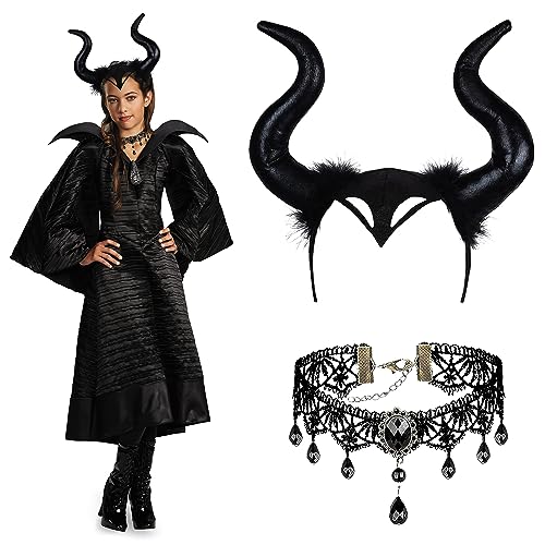 FMKLDENA Hörner kopfschmuck, Maleficent hörner, Königin hörner kopfschmuck, Gothic retro spitze halskette Damen Cosplay Zubehör für Maskerade Motto Karneval Party von FMKLDENA