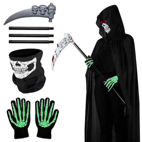 FMKLDENA Sensenmann Kostüm, Sensenmann Umhang Set, Sensenmann Umhang mit Kapuze, mit Totenkopf Gesichts Handtuch, Sichel, Fluoreszierende Skelett Handschuhe, für Party Halloween Karneval Cosplay von FMKLDENA