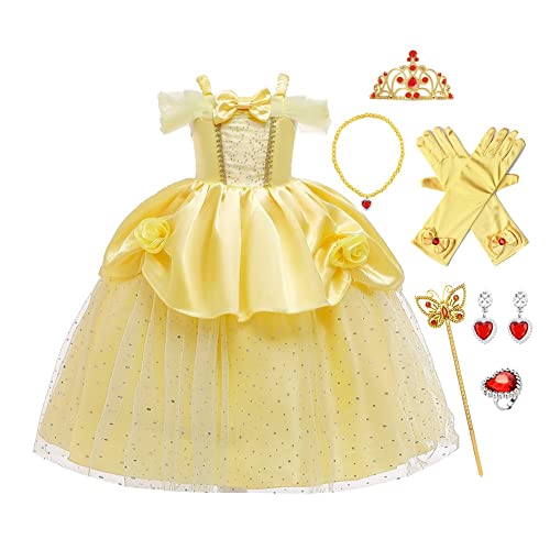 FMYFWY Mädchen Karneval Kostüm Belle Prinzessin Geburtstag Kleid Schulterfrei Halloween Cosplay Weihnachten Faschingskostüm Hochzeit Tüll Party Ballkleid mit Accessoires 6-7 von FMYFWY