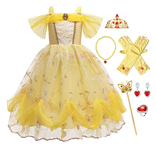 FMYFWY Mädchen Karneval Kostüm Belle Prinzessin Geburtstag Kleid Schulterfrei Halloween Cosplay Weihnachten Faschingskostüm Hochzeit Tüll Party Ballkleid mit Accessoires 7-8 Jahre von FMYFWY