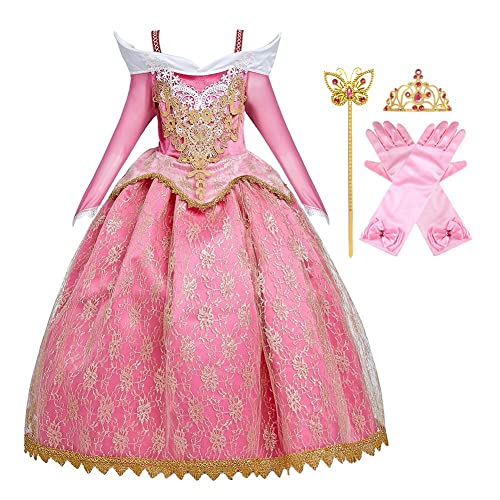 FMYFWY Prinzessin Kleid Aurora Die Dornröschen Lange Ärmel Spitze Karneval Kostüme Mädchen Weihnachten Halloween Geburtstag Zeremonie Pageant Party Hochzeit Kleider mit Zubehör 3-4 von FMYFWY