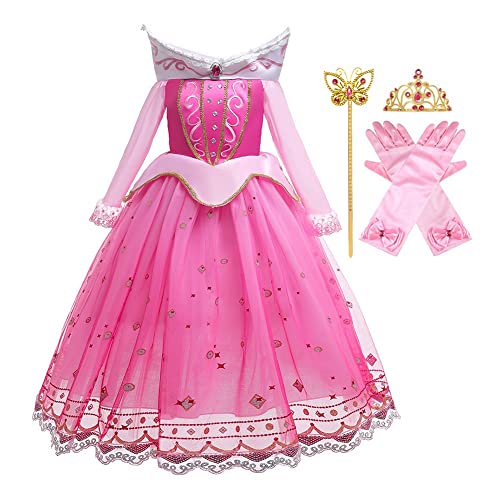 FMYFWY Prinzessin Kleid Aurora Dornröschen Lange Ärmel Spitze Karneval Kostüme Mädchen Weihnachten Halloween Geburtstag Zeremonie Party Hochzeit Kleider mit Zubehör 2-3 Jahre von FMYFWY