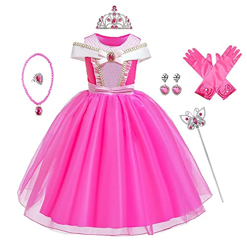 FMYFWY Prinzessin Kleid Aurora Dornröschen Lange Ärmel Spitze Karneval Kostüme Mädchen Weihnachten Halloween Geburtstag Zeremonie Party Hochzeit Kleider mit Zubehör 8-9 Jahre von FMYFWY