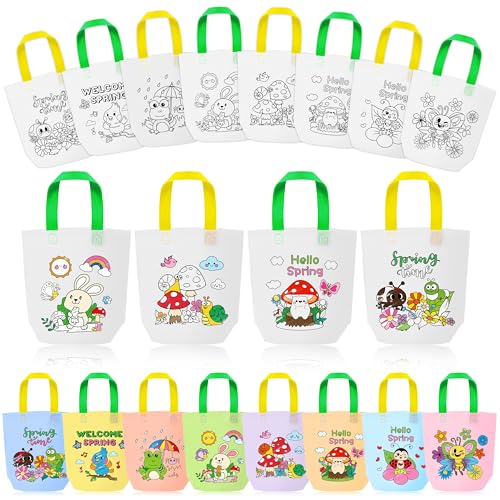 Geschenktüten zum Ausmalen für Kinder – 24 Stück, Hello Spring Großpackung, eigene Geschenktüten mit Griff, Willkommensfrühling, wiederverwendbare Maltasche, Vlies-Tragetasche für Bastelarbeiten, von FMuimshouwo