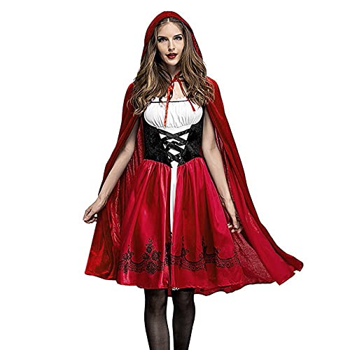 FNKDOR Karneval Rotkäppchen Kostüm für Damen Halloween Hexe Prinzessin Kleid und Umhang mit Kapuze Erwachsene Hexenkostüm Little Red Riding Hood Outfit für Fasching Cosplay Carnival (Rot, L) von FNKDOR