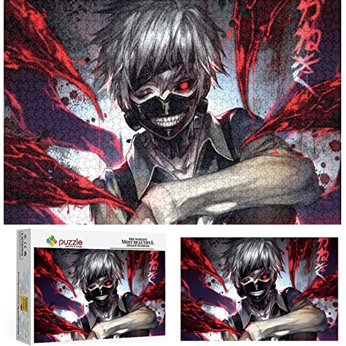 Puzzle 1000 Teile Anime Tokyo Ghoul Puzzle Erwachsene Kinder Puzzle sgrad Puzzle Ken Kaneki Rote Augen Weiße Haare Maske Zähne Zwinkern Lächeln Blut Kagune Puzzle Lernspiel,Papppuzzle（50x70cm） von FOBZZY