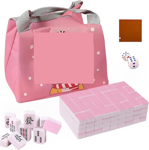 FOELANNE Traditionelle chinesische Mahjong, Tragbares chinesisches Mahjong, Mini, 144 Spielsteine, mit tragbarer Handtasche for Reisen, Familie, Freizeit, Unterhaltung, Mahjong-Tischwürfelspiel von FOELANNE