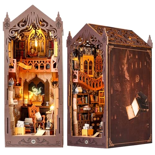 DIY Magische Welt Book Nook Kit,DIY Puppenhaus Holz Haus,3D Holzpuzzle Bücherecke Bücherregaleinsatz mit Sensor Led Licht, Kreative Geschenkdekoration für Teenager und Erwachsene von FOGARI