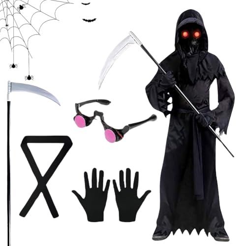 FOGARI Sensenmann Kostüm – Halloween Kostüm mit Scream und Grim Reaper Design, Inklusive Leuchtender Brille und Todes-Klinge von FOGARI