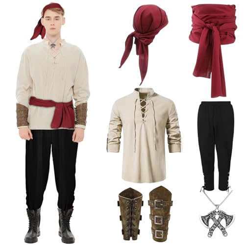 FOGARI Mittelalter Piraten Kleidung Herren Set: Renaissance Hemd, Wikinger Hose, Axt Halskette, Armbänder, Kopftuch und Gürtel für Halloween von FOGARI