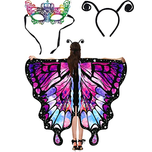 FOHYLOY Schmetterling Kostüm Damen, Karneval Kostüm Erwachsene Faschingskostüme Damen mit Spitze Maske Antenne Haarreif, Schmetterling Umhang Costume für Karneval Mottoparty Fasching Cosplay von FOHYLOY