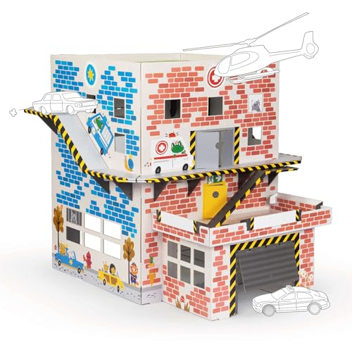 FOLDZILLA 3 in 1 Spielhaus XXL 1,25 x 1 x 1 m Feuerwehr Polizei Krankenhaus Feuerwache Polizeistation aus Pappe für Kinder von FOLDZILLA