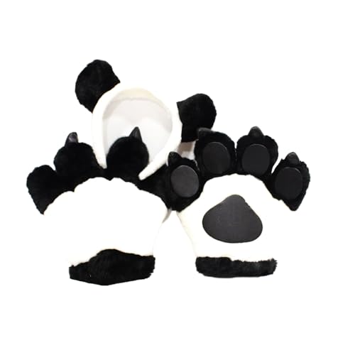 FOLODA 4-teiliges Tierkostüm Set Panda Bärenohr Stirnband Plüschschwanz Pfoten Set Halloween Cosplay Zubehör von FOLODA