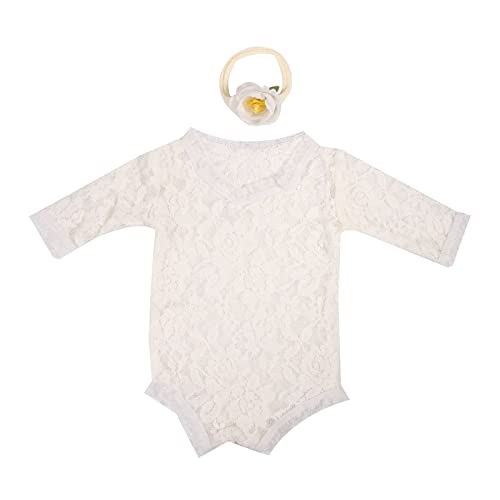 FOLODA Baby Fotokleidung Prinzessinnen Spitzen Overall Und Elastisches Stirnband Langärmeliger Strampler Neugeborene Dusche Party Elegant Einteilig von FOLODA