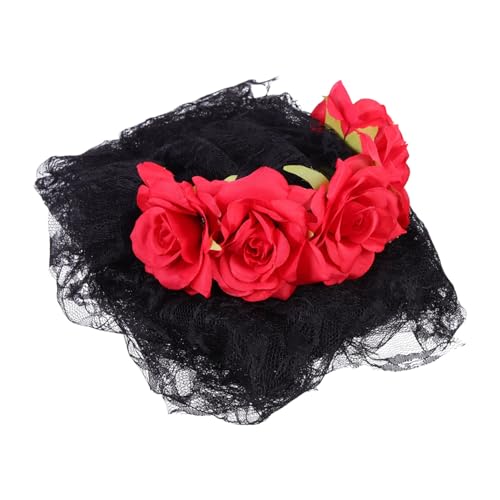 FOMIYES rosa Stirnband Halloween-Haarspangen Stirnband mit Rosenschleier Halloween-Braut halloween schminke halloween make up Halloween-Schleier-Haarreifen Blumenkronen-Stirnband Stoff rot von FOMIYES