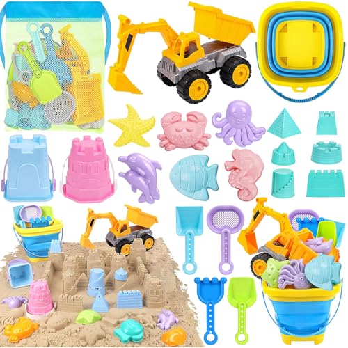 21 Stück Sandspielzeug Set Frühling Sommer Kinder Geschenk ab 3 4 5 6 7 Jahre Mädchen Junge, Wasserspielzeug mit Strandspielzeug Bagger Faltbar Eimer Sandformen Sandschaufel Sandkasten Spielzeug (A) von FONDUO