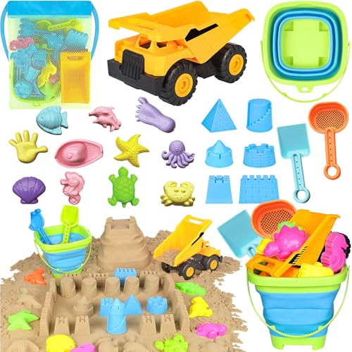 22 Stück Sandspielzeug Set Frühling Sommer Kinder Geschenk ab 3 4 5 6 7 Jahre Mädchen Junge, Wasserspielzeug mit Strandspielzeug Bagger Faltbar Eimer Sandformen Sandschaufel Sandkasten Spielzeug (B) von FONDUO