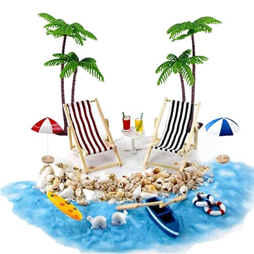 18-teiliges FONGKNOX-Strand-Mikrolandschafts-Miniatur-Ornament-Set im Strandstil mit Meeresthema, Strand-Miniatur-Ornament-Kits, Mini-Strandkorb, Deck, kleine Palme, dekoratives Zubehör von FONGKNOX