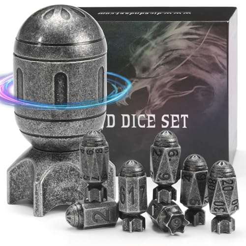 FONVGOGO Raketen Metall DND Würfel Set mit 7 Stück und Rotierendem Behälter in Raketenform Coole Cyberpunk Bullet DND Würfelset für Dungeons and Dragons D&D-Geschenk (Rakete Altes Silber) von FONVGOGO