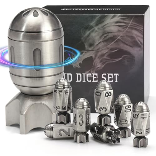 FONVGOGO Raketen Metall DND Würfel Set mit 7 Stück und Rotierendem Behälter in Raketenform Coole Cyberpunk Bullet DND Würfelset für Dungeons and Dragons D&D-Geschenk (Rakete Silber) von FONVGOGO