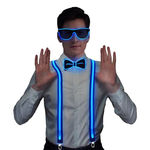 FORMIZON 3 Stück LED-Leucht-Hosenträger, Leuchtende Herren-LED-Hosenträge, LED Rave Outfit 3er Set, Verdrahtet Neon Rave Brille, LED Fliege für Musik Festival, Partybrille, Karneval-Kostümparty (Blau) von FORMIZON