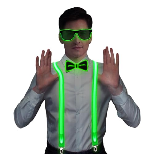 FORMIZON 3 Stück LED-Leucht-Hosenträger, Leuchtende Herren-LED-Hosenträge, LED Rave Outfit 3er Set, Verdrahtet Neon Rave Brille, LED Fliege für Musik Festival, Partybrille, Karneval-Kostümparty (Grün) von FORMIZON