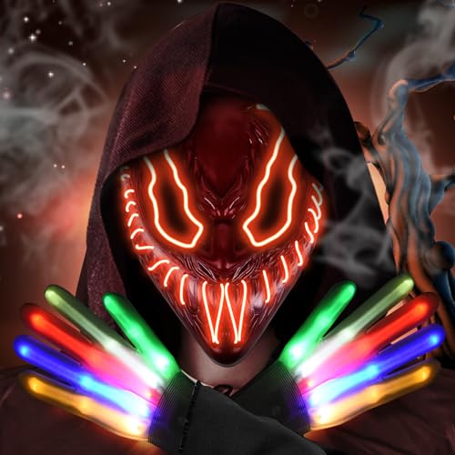 FORMIZON 4 Stk Horror Leuchtende Maske, LED Halloween Maske mit LED Handschuhe, Halloween LED Maskemit 3 Blitzmodi, Leuchtende Maske für Kinder und Erwachsene Karneval, Halloween Party Cosplay Kostüm von FORMIZON