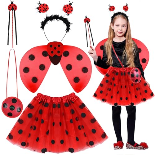 FORMIZON 6-Teiliges Marienkäfer Kostüm Mädchen, Mädchen Kostüm Marienkäfer mit Tüllrock, Flügel, Zauberstab und Haarreif, Augenmaske, Ladybug Kostüm Set für Kinder Karneval Cosplay 3-10 Jahre von FORMIZON