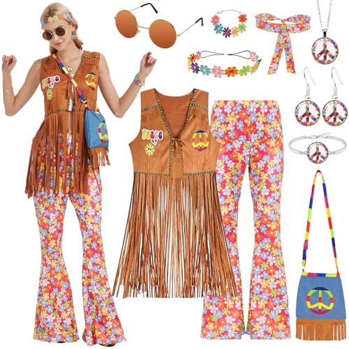 FORMIZON 60er 70er Jahre Hippie Kostüm Damen Set, Frauen Hippie Kostüm mit Fransenweste, Schlaghose, Halskette, Ohrringe, Stirnband, Sonnenbrille, 70er Jahre Damen Disco Outfit für Karneval Party (XL) von FORMIZON