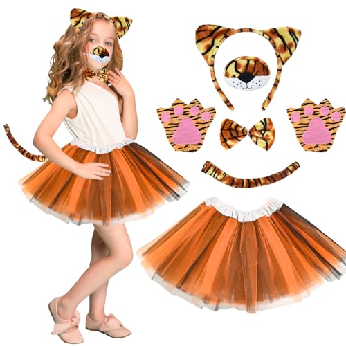 FORMIZON 7 Stück Tiger Kostüm Set, Tigerohren Nase Kopfschmuck Handschuhe Schwanz Schleife Tutu, Tier Verkleiden Set Mädchen, Tierkostüm Kinder Tiger für Karneval Halloween Fasching (B) von FORMIZON