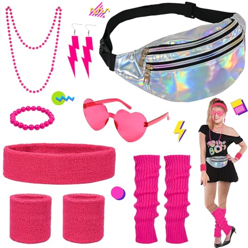 FORMIZON 80er Jahre Outfit Damen Accessoires, 80er Jahre Kleidung Damen Set für Karneval, Silberne Laser-Bauchtasche, Neonrosa Stirnband, Rosa Beinwärmer, Rosa Armbänder Halskette und Ohrring von FORMIZON