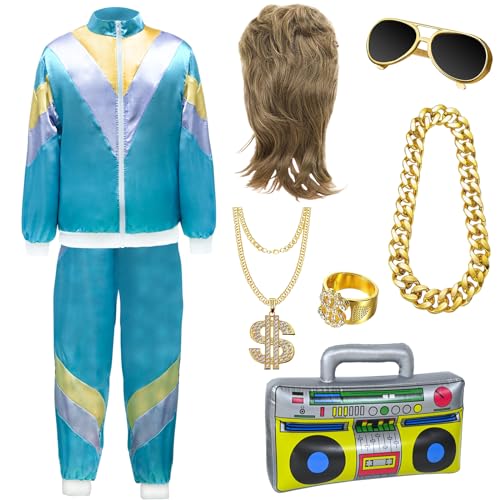 FORMIZON 80er Jahre Outfit Herren Damen, 8 in 1 Vokuhila Set mit Assi Perücke, 80er Outfit für Fasching Karneval, 80er Trainingsanzug mit Aufblasbares Radio, Sonnenbrille Dollar Ring Halskette (L) von FORMIZON